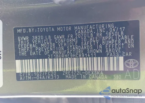 2017 Toyota Corolla Se z USA, uszkodzony, nr VIN 2T1BURHE9HC891411